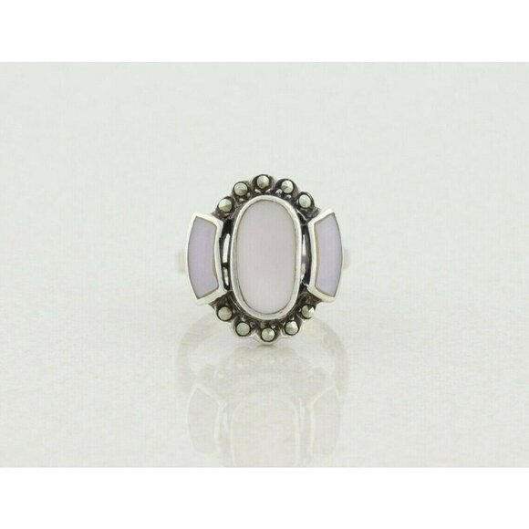 Sterling Silver Mother of Pearl and Marcasite Ring Size 6 1/4 - Picture 7 of 8
